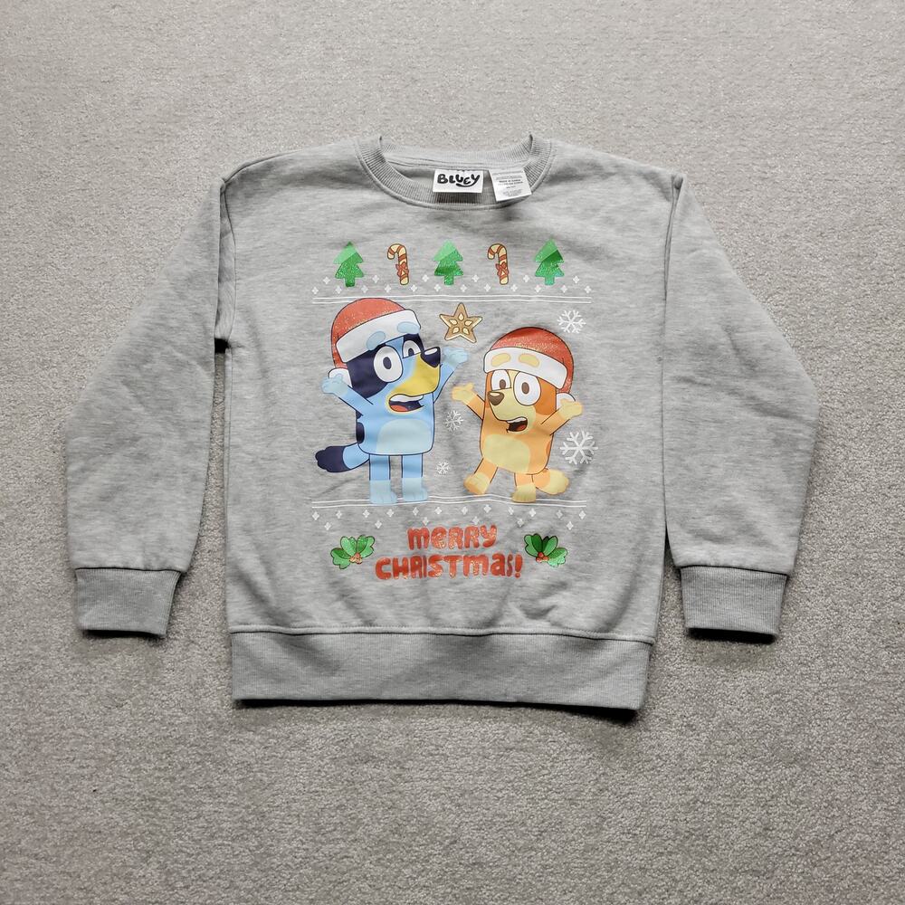 Bluey Christmas Sweatshirt Kids Small Gray Crewneck Holiday Pullover